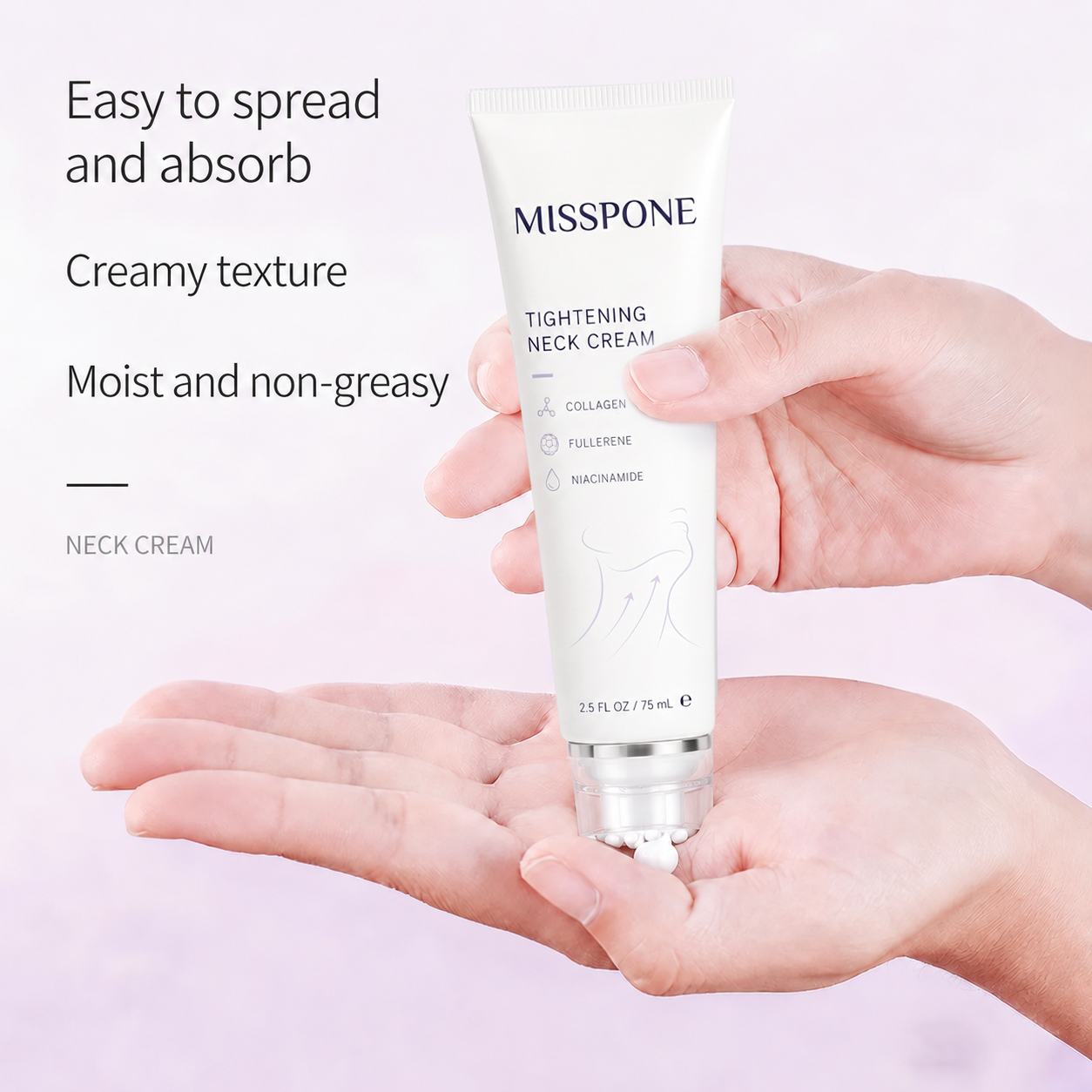 Hands holding neck cream with roller applicator