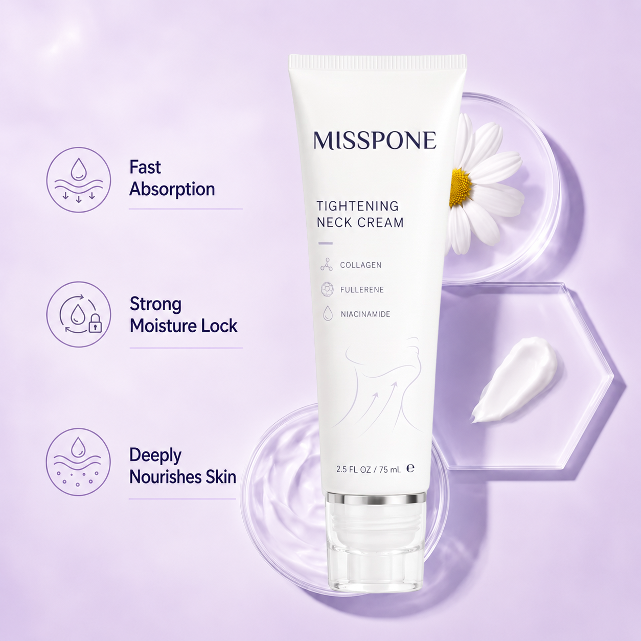 Neck cream tube with texture and hydration visuals
