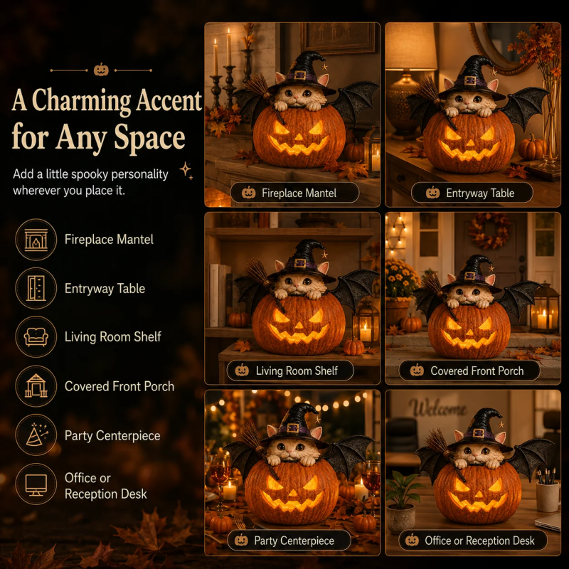 Summer ween Lighted Witch Cat Pumpkin Decor With Flickering LED Timer