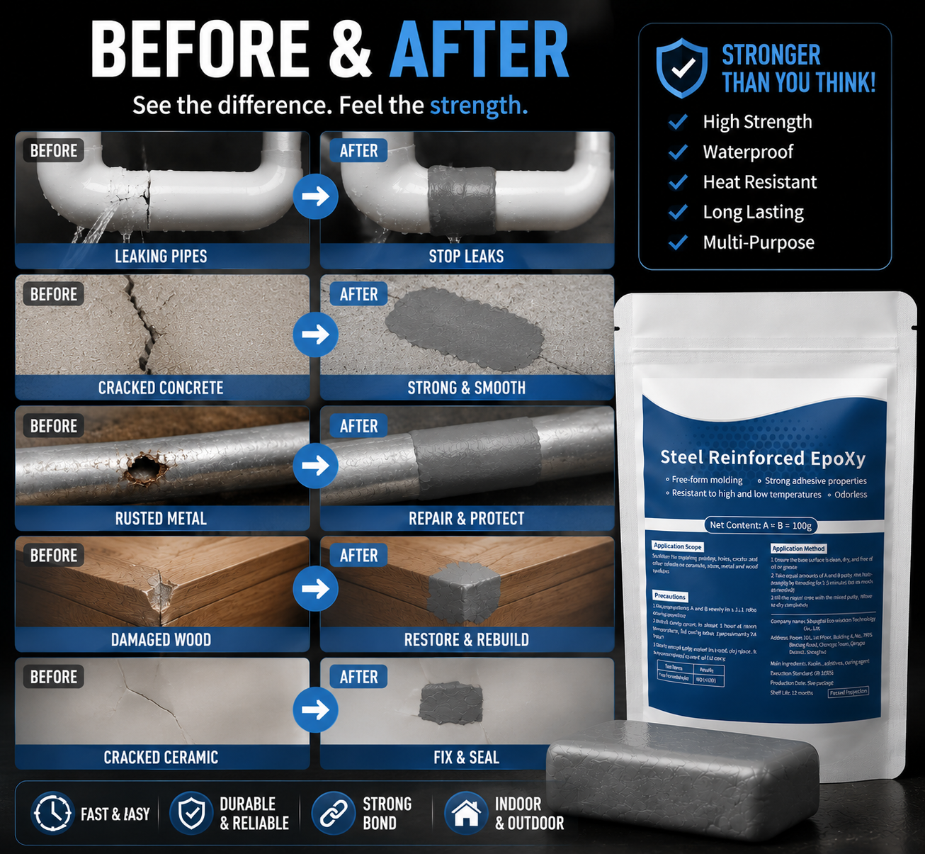 Before and after examples of Repair Clay on pipes, metal, wood, and ceramic