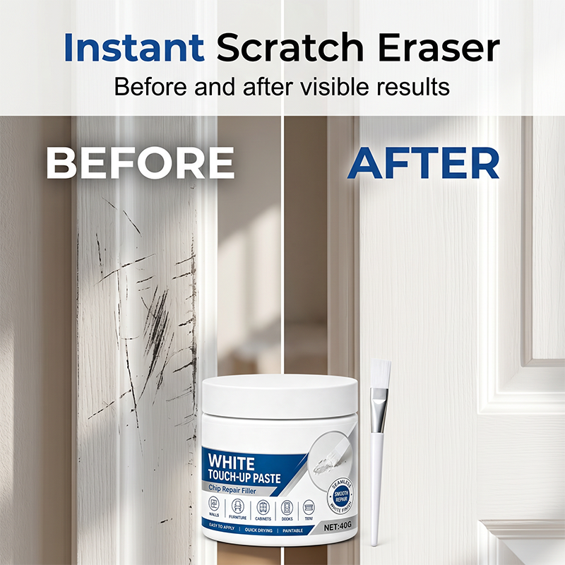 Before and after result on a scratched white door frame