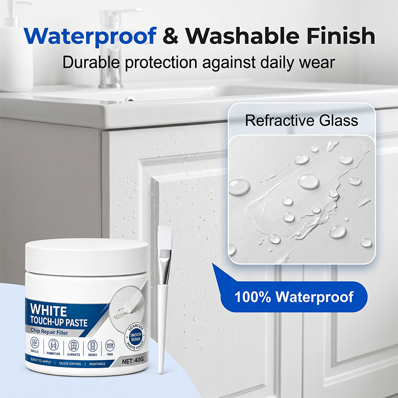 Water-resistant washable finish on a repaired white cabinet