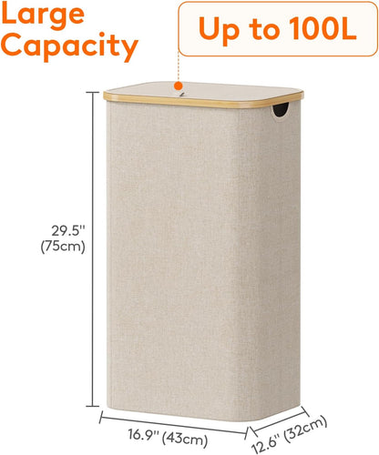 Lifewit 100L Laundry Basket with Lid, Clothes Hampers for Laundry with Bamboo Handles and 1 Removable Bag, Large Foldable Laundry Hamper for Bedroom, Bathroom, Dorm, Laundry Room, Beige