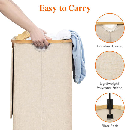 Lifewit 100L Laundry Basket with Lid, Clothes Hampers for Laundry with Bamboo Handles and 1 Removable Bag, Large Foldable Laundry Hamper for Bedroom, Bathroom, Dorm, Laundry Room, Beige