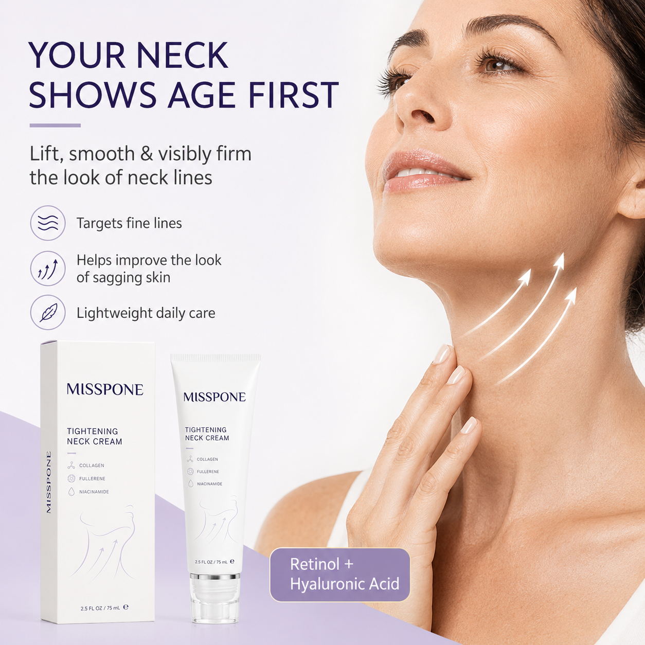 Woman touching her neck during skincare routine