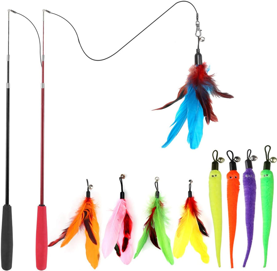 Retractable Feather Wand Cat Toy Set