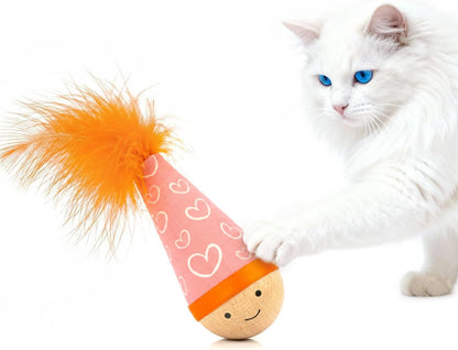 Solid Wood Wobbler Cat Toy with Feather