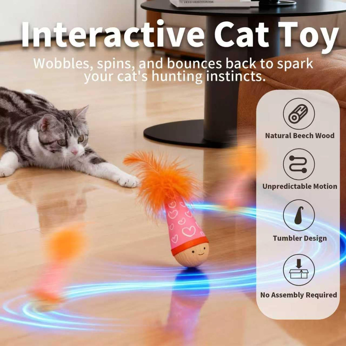 Solid Wood Wobbler Cat Toy with Feather