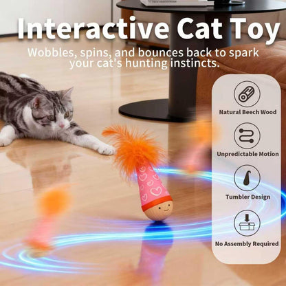 Solid Wood Wobbler Cat Toy with Feather