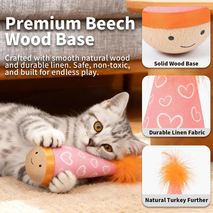 Solid Wood Wobbler Cat Toy with Feather