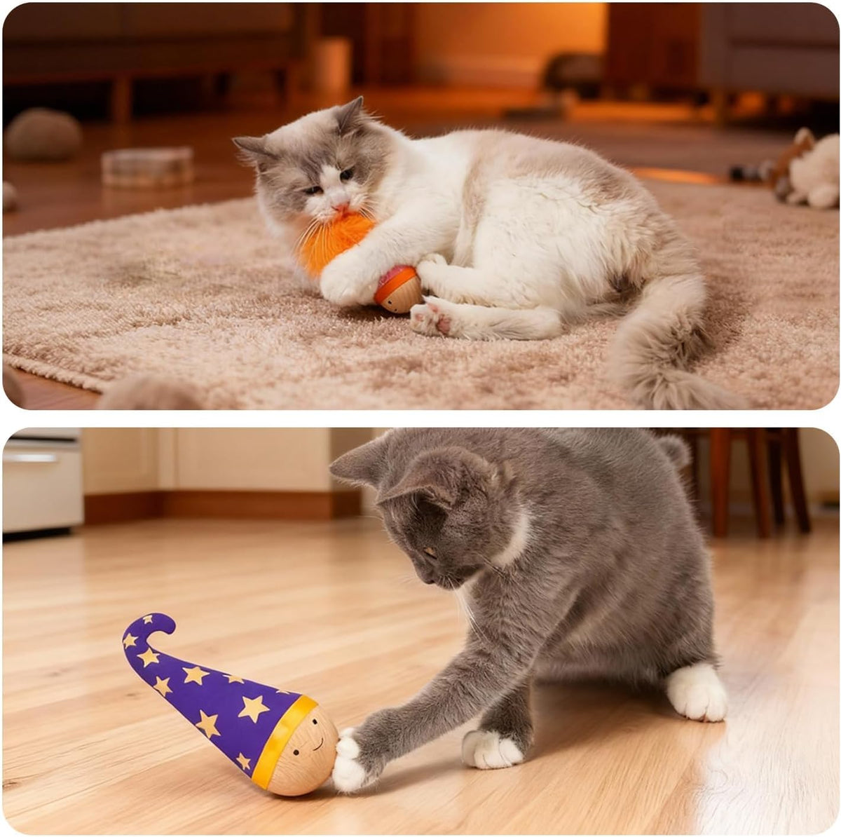 Solid Wood Wobbler Cat Toy with Feather