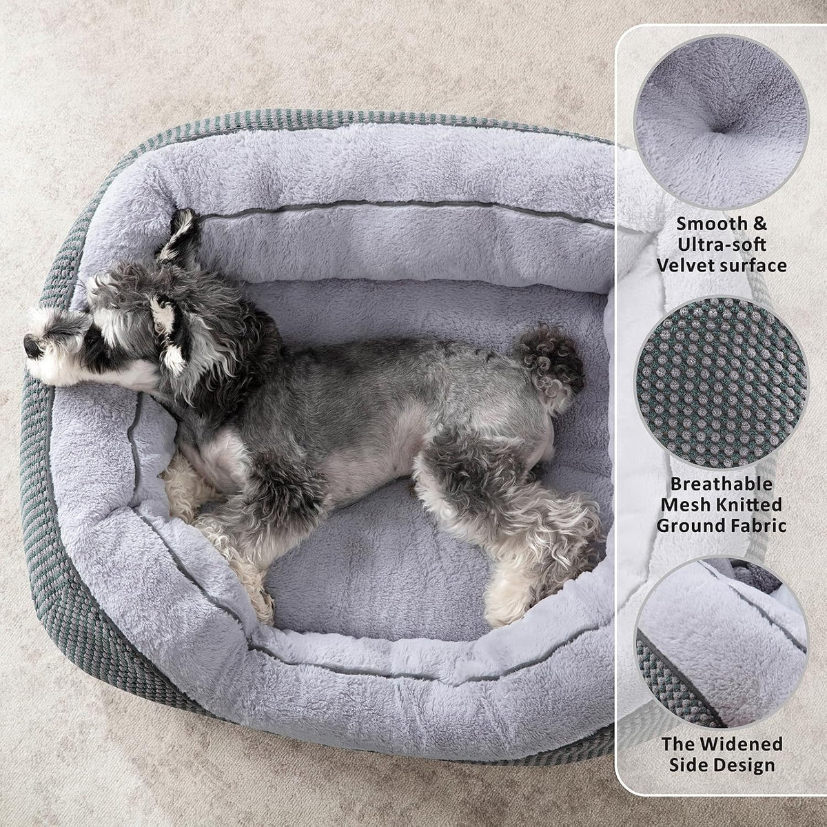 Washable Rectangle Pet Bed with Raised Bolsters