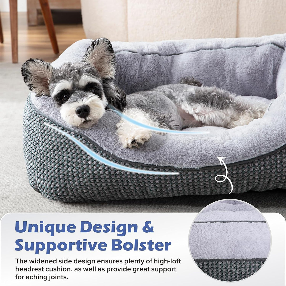 Washable Rectangle Pet Bed with Raised Bolsters